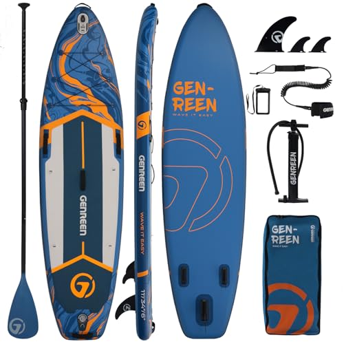 GENREEN Tabla de surf de remo, tabla de remo inflable de 11 pies con accesorios de SUP, cubierta no deslizante, doble capa de PVC, 3 aletas, 33 pulgadas, tabla de paddle extra ancha y estable para