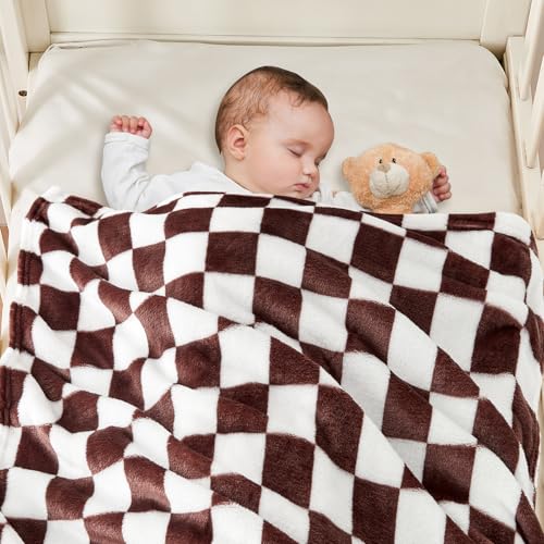 Image of Yurhap Checkered Baby Blanket Fleece Baby Blankets Neutral for Boys Girls, Super Soft Warm Lightweight Infant Toddler Newborn Receiving Gifts for Crib Stroller, 30x40 Inch, Brown