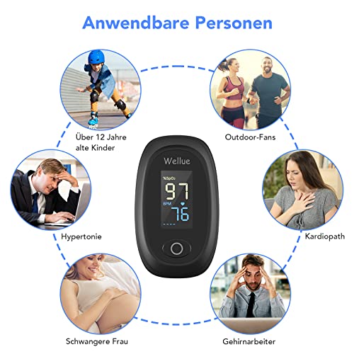 Pulsoximeter Fingeroximeter für Erwachsene Kinder, Sauerstoffsättigung Messgerät Finger, Oxymetergerät Finger, Sp-O2-Wert und Pulsmesser, Schwarz
