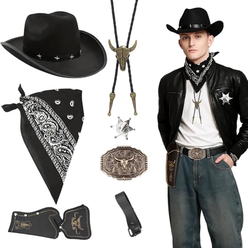 AYNKH 7Pcs Occidental Cowboy Accessoires pour Adultes, Chapeau de Cowboy, Paisley Bandanna, Ceinture Holster, Cravate Bolo, Badge de shérif, Halloween, Fêtes à thème, Costumes de l'Ouest Sauvage