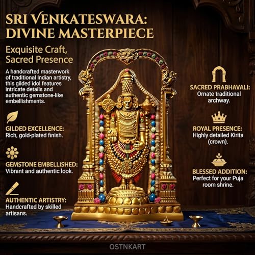Image of Lord Tirupati Balaji Murti - 8 Inch Golden Polyresin Statue | Handcrafted Venkateswara Idol for Home Temple, Office Desk & Spiritual Gift (Lord Srinivasa Govinda)