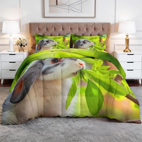 Genérico Edredón Nórdico 4 Estaciones Campo Animales Conejos Hojas Todo en Uno Microfibra Premium y Acolchado en Diamante – Transpirable, Lavable y Suave 240 x 260 cm Set de Ropa de Cama, Verde