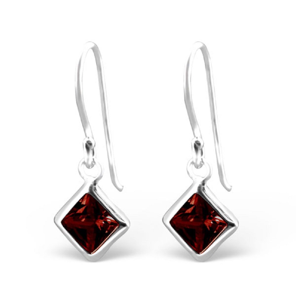 ICYROSE 925 Sterling Silver Dark Red Garnet CZ Diamond Shaped Small Little Dangling Fishhook Hook Earrings 23942