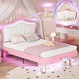 Linique Queen Size Upholstered Bed Frame with LED Lights, Modern Upholstered Princess Bed with Crown Headboard, White+Pink