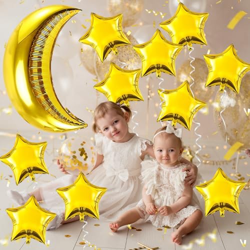 Image of Moon and Star Balloons New Years Balloons Five Angle Stars Foil Myalr Balloon for Happy New Year Eve Ramadan Baby Shower Bridal Wedding Engagement Birthday Anniversary Party Decoration Supplies