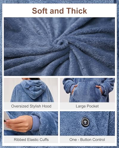 Image of Oversized Heated Wearable Blanket, Battery Powered Fleece Hoodie Robe 7.4V 16000mAh 167F Overheat Protection