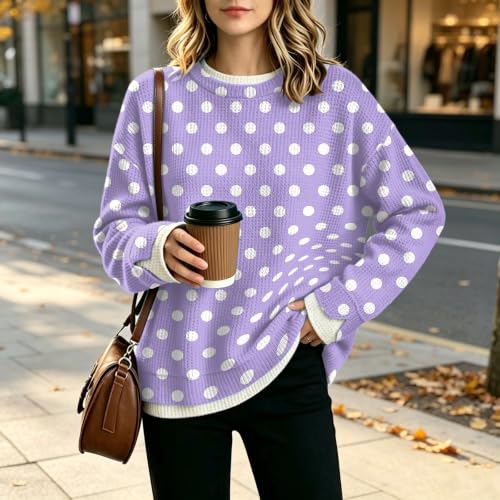 Womens Crew Necks Sweatshirts Knit Long Sleeves Polka Dot Sweatshirt - image 5