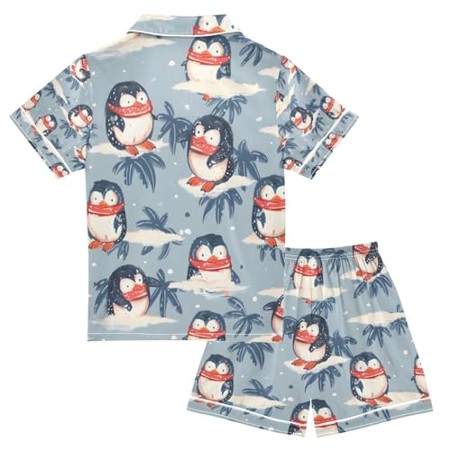 Penguin with Scarf Satin Summer Pajama Sets Silk Short Sleeve Button Down Sleepwear2