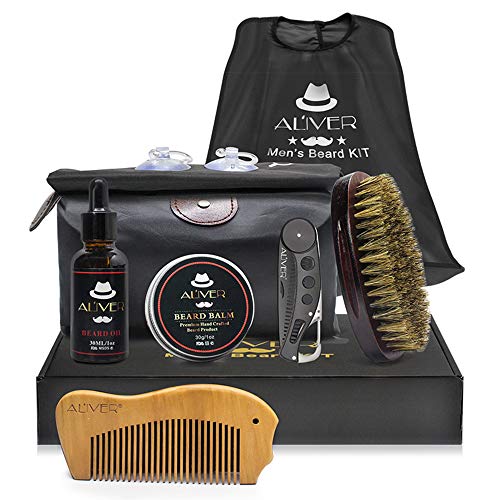 Beard Care Kit, 7PCS All-in-one Natural Material Beard Growth Kit Beard Brush+Beard Oil+Beard Balm+Wood Comb+Beard Catcher Apron+Beard Comb+Storage Bag Great Gift for Men