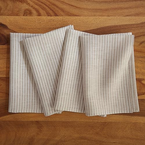Solino Home Linen Cloth Napkins Set of 4-100% Pure Linen Natural and White Striped Dinner Napkins 20 x 20 Inch for Summer - Narrow Stripe, Handcrafted and Machine Washable