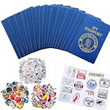 Sureio 348 Pcs Kids Blank Passport Book with Assorted Travel Journal Stickers Fake Passport Party Favors Blue Pass Blue Pass Port for School Theme World Travel Pretend Activity Party Favors