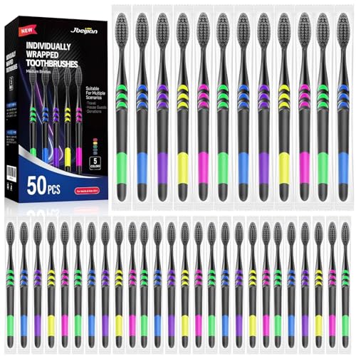 50 PCS Individually Wrapped Bulk Toothbrush Pack Disposable Soft Bristle for Adult or Kid Ergonomic Handle Perfect for Travel Hotel Donation