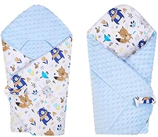 BlueberryShop Reversible Dot Popcorn Minky Fleece Cotton Swaddle Wrap, Blanket, Sleeping Bag for Newborn (0-3m) (75 x 80 cm) (Blue/Blue Stars)