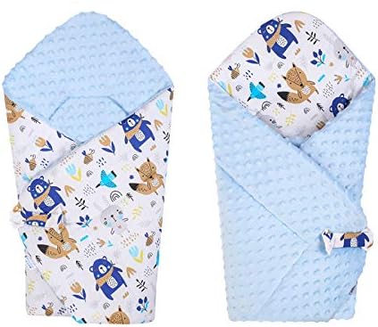 BlueberryShop Minky Fleece Baby Swaddle Wrap Bedding Blanket, Two-Sided Sleeping Bag for Newborns, Intended for Kids Aged 0-3 Months Blue/Animals
