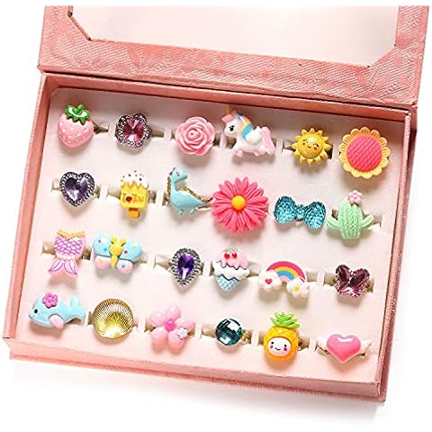 PinkSheep Einhorn Mädchen Ringe in a Geschenk Box, Verstellbar, Keine Duplikation, 24 Stück Mädchen Pretend Play und Dress Up Ringe Cover