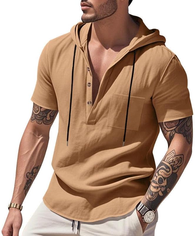 LIZALIG Men's Casual Linen Blend Shirt Short Sleeve Hooded Pullover 1/4 Button Henley Shirt for Vacation and Daily Wear