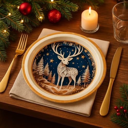 Image of Wanna Party Reindeer Christmas Paper Plates Pack of 8 for Xmas Dinnerware Serving for Xmas Holiday Party