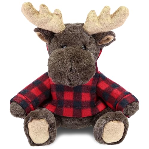 DolliBu Super Soft Moose Stuffed Animal with Plaid Red Hoodie Sweater - Cute Moose Plush Lumberjack Stuffed Toy with Plaid Jacket Animal Hoodie Dress Up for Christmas, Holiday, Winter - 10 Inches