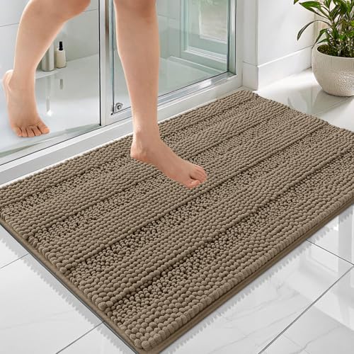 Image of OLANLY Thick Bathroom Rugs 36x24, Extra Soft Absorbent Chenille Striped Bath Rugs, Rubber Backing, Machine Wash Dry, Bath Mats for Bathroom Floor, Tub and Shower, Home Decor Accessories, Tan