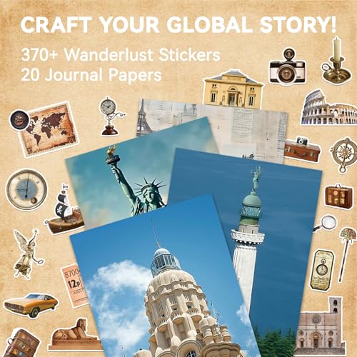 Image of 52 Sheets World Travel Stickers & Scrapbook Paper Set - Vintage Travel Themed for Scrapbooking Journaling Junk Journal Planner - Retro Adventure Stickers for DIY Crafts