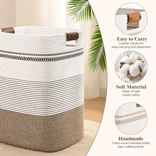 Image of Laundry Hamper, 85L Tall Laundry Basket with Leather Handles, Rectangle Large Clothes Hamper for Organizing, Cotton Woven Laundry Baskets Storage Hampers for Bedroom, Nursery, Living Room
