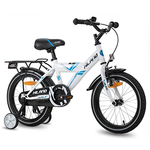 HILAND 16 Zoll Jungen Kinderfahrrad für Jungen ab 4 Jahren mit Rücksitz/Gepäckträger, Handbremse und Rücktritt weiß/blau