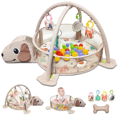 Image of 6-in-1 Baby Play Mat Tummy Time Mat Foldable with Fence Design, 4 Detachable Toys, 10 Ocean Toys and 1 Tummy Time Pillow, Activity Gym Sensory Exploration and Motor Skill Development Toys Gift