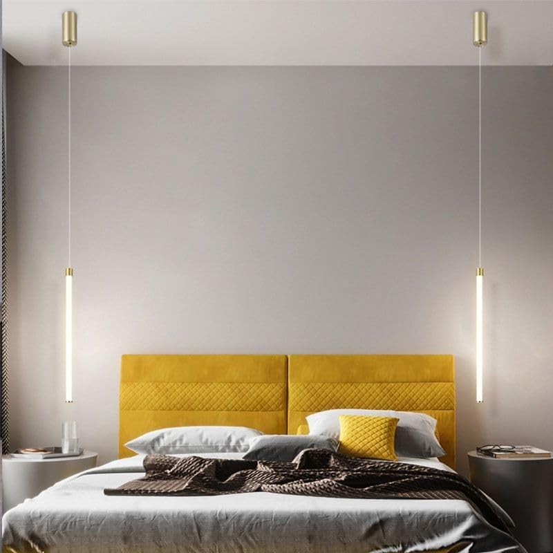 Image of Modern Hanging Light for Living Room Bedroom | Slim Cylindrical Pendant Lamp with Gold Accent | 3 Color Modes (Warm White, Natural White, Cool White) Ceiling Lights for Home Decoration