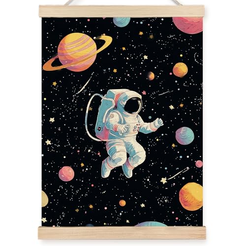 Image of PQKIY Space Astronaut Nursery Kids Wall Art Poster Hanger Frame 12x16 in, Fantasy Outer Space Galaxy Planet Wall Decor Canvas Prints for Home Boys Room Bedroom Nursery
