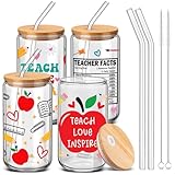 SiliFine 4 Pcs Teacher Appreciation Gifts 2026 Bulk Teacher Glass Cups with Lids and Straws 16 oz Pencil Apple Iced Coffee Tumbler Thank You End of Year Gifts for Teacher's Day End of Year Graduation