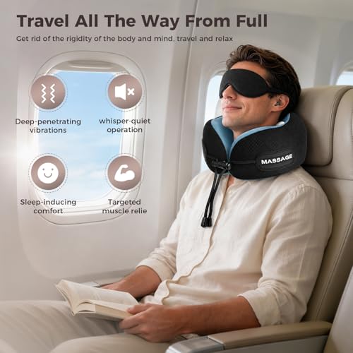Image of Travel Neck Pillow with Massage & Heat, U-Shaped Neck Massager with 8-Point Vibration, Eye Mask and Earplugs Set - Ergonomic Memory Foam, Ideal for Travel, Office, Home