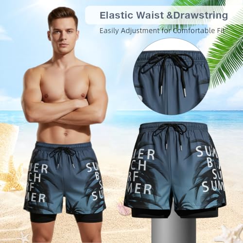 Image of PROBEROS Swim Trunks for Men, Quick-Dry Polyester Beach Shorts with Inner Lining, Elastic Drawstring Waist, Tropical Palm Leaf Fashion Lightweight Beach Wear for Swimming, Vacation & Traval, 3XL