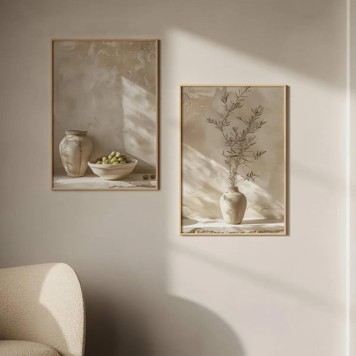 GOSRD Canvas Prints Poster Vase Olive Branch Still Life Neutral Beige Rustic Botanical Art Home Decor(60x80cm-2pcs/internal frame)