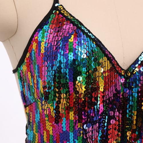 AFAVOM Sequin Fringe Bodysuit for Women Sparkly Tassel Leotard Jazz Latin Dance Dress Sexy Halter Backless Romper Music Festival Rave Party Costume Glitter Shiny Jumpsuit Dancewear Clubwear Rainbow S — view 5