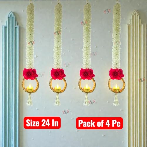 Image of S2S Red Flower Wall Hangings 24 Inch for Home Decoration (Set of 4) | Handmade Diwali Decor Psychedelic Wall & Door Valance Hanging (LED Lights Not Included)