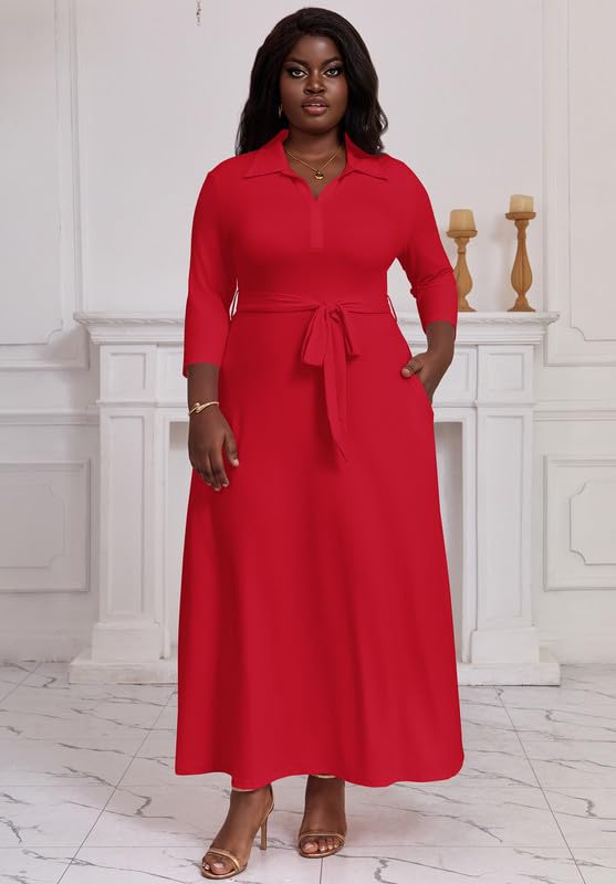 Maxi Dresses for Women Casual V Neck 3/4 Sleeve Long Church Dress Semi Formal Outfits with Pockets2