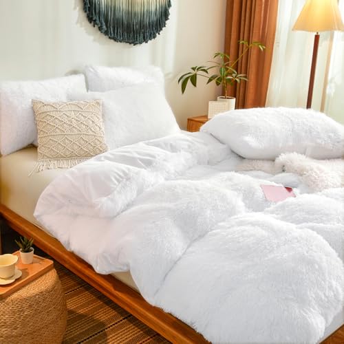 Fluffy Faux Fur White Comforter Cover Queen Set – Plush Fluffy White Bedding 3-Piece Set (1 Duvet Cover + 2 Furry Pillow Shams) Cozy Bed Set