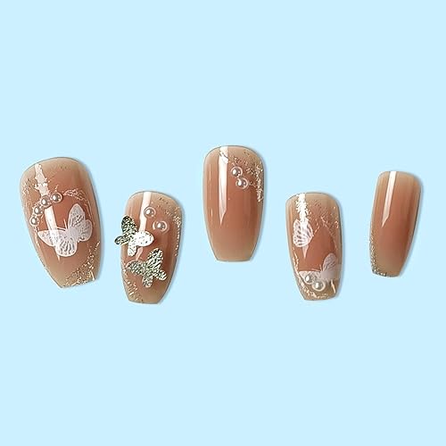 Miniatura 4 de FULZTEY French Coffln - Uñas postizas cuadradas medianas con perlas acrílicas de cobertura completa con diseños gráficos de mariposa para mujeres y