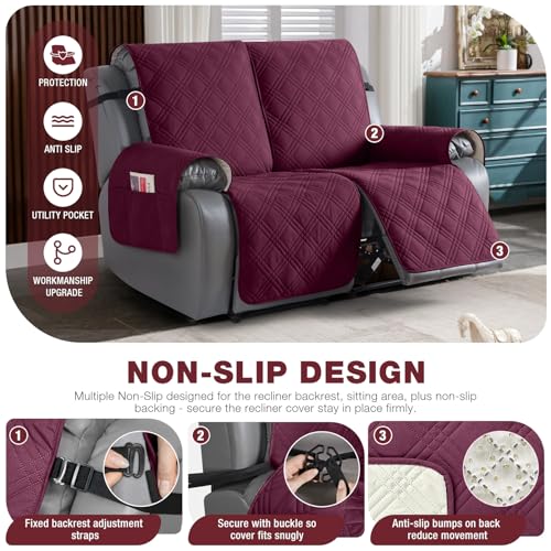 Image of TAOCOCO 100% Waterproof Recliner Loveseat Cover Non Slip Couch Cover for 2 Seat Reclining Sofa, Split Reclining Loveseat Covers 2-Piece with Straps for Kids Pets(2 Seater, Wine)