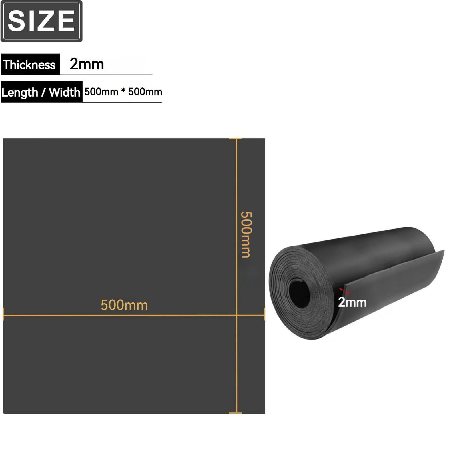 Feuille en caoutchouc nitrile résistant à la chaleur et aux huiles, 500 x 500 mm, épaisseur 1 mm à 5 mm, pour joints, bricolage, étanchéité, anti-vibration, antidérapant, insonorisant (2mm)