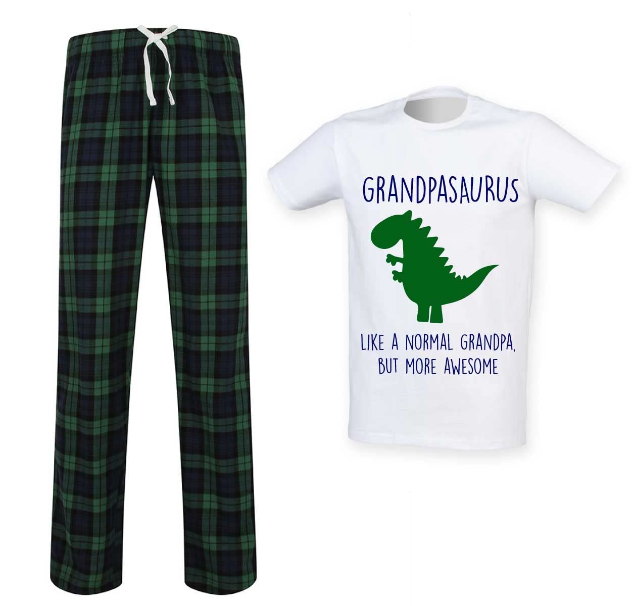 Grandpa Dinosaur Tartan Pyjama Set - Mens Novelty Pyjamas - Green - XL