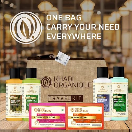 Image of Khadi Organique Personal Care Travel Kit - Complete Set with Herbal Shampoo, Conditioner, Body Wash, Soap & Moisturiser | Compact Travel Essentials | For Men & Women | All Skin & Hair Types