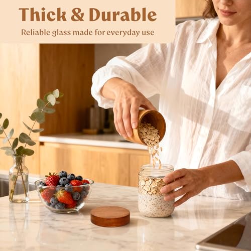 Image of Overnight Oats Containers with Lids - Glass Mason Jars, Meal Prep | Acacia Wood, Airtight Silicone Seal Set of 4 - Stackable for Chia Pudding, Yogurt, Cereal, Oatmeal, Salad, Pantry Storage