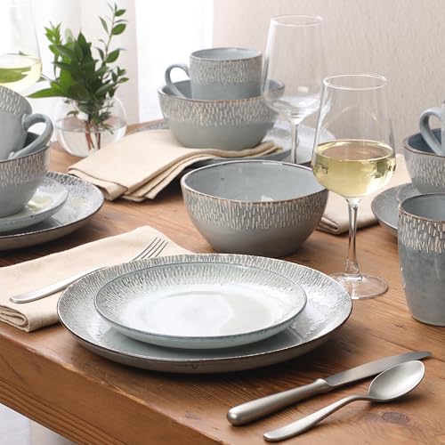 Image of Gibson Elite Jasper 16 Piece Plates and Bowls Reactive Glaze Dishes Stoneware Ceramic Dinnerware Set - Service for 4 - Grey