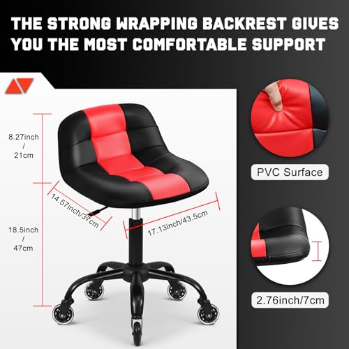 Image of Rolling Shop Stool with Wheels, Rolling Short Stool with Back Support, 360 Swivel Garage Chair, Height Adjustable Chair 330lb Heavy Duty for Spa Salon Massage Home Office Tattoo (Red)
