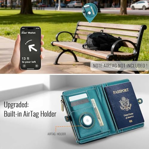 Image of Passport Wallet with AirTag Holder, RFID Blocking Passport Holder for Travel Family, PU Leather Document Organizer with 11 Card Slots & Wrist Strap, Green