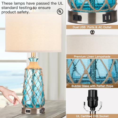Ruzectt 25.5" Coastal Glass Table Lamps Set of 2, 3-Way Dimmable Touch Control Bedside Lamps with 2 USB Ports and AC Outlet, Blue Nautical Nightstand Lamps for Bedroom Living Room (LED Bulbs Included) - image 7