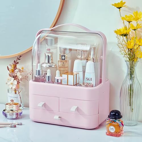 Porta Maquiagem e Organizador de Joias Multiuso – Acrílico Transparente com 3 Gavetas e Tampa Flip Top, Compartimentos para Cosméticos, Bijuterias e Acessórios, Rosa