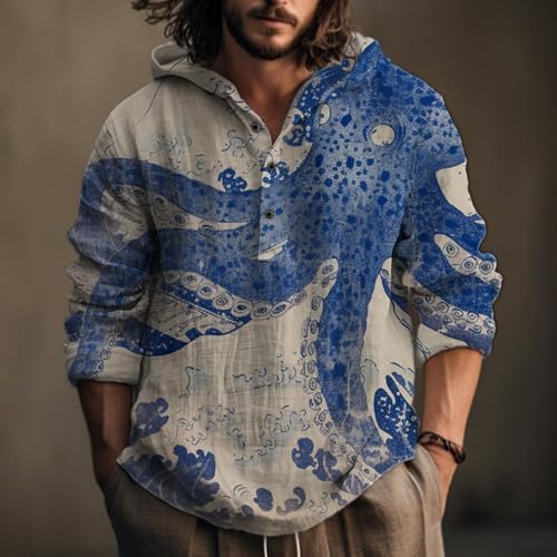 Mens Cotton Linen Hoodies Shirts Japanese Art Henley Neck Button Long Sleeve Hooded Sweatshirt Tunic Pullover Top2