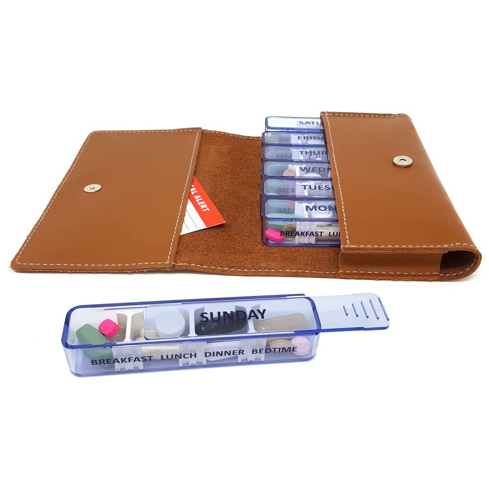 Kibodan Leather Pill Case Wallet - Weekly Pill Organizer (Light Cognac)
